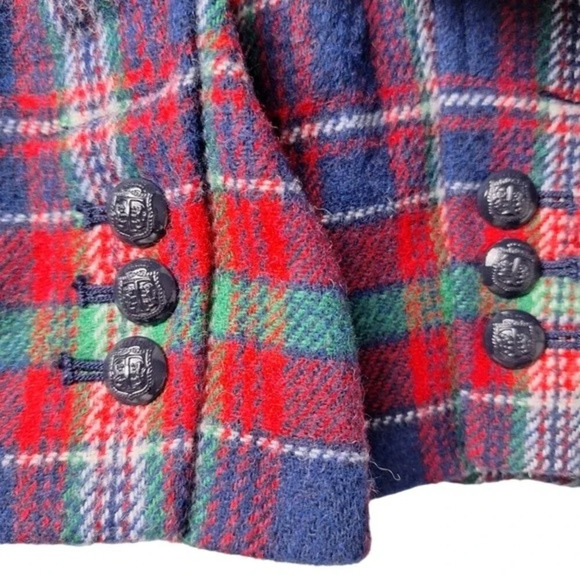 Talbots Womens Sz 12 Red Blue Green Wool Blend Tartan Plaid Crest Buttons Blazer - Picture 6 of 11